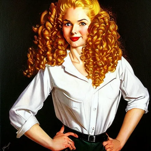 Prompt: beautiful painting of jerma985 with long pale curly blond hair, very very light fluffy curly blond hair, white secretary shirt and black miniskirt, pinup poster by J.C Leyendecker and Norman Rockwell