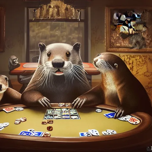 Image similar to otters playing poker, hyper detailed, dramatic lighting, cgsociety, realistic, hyper detailed, insane details, intricate, dramatic lighting, hypermaximalist, golden ratio, rule of thirds, octane render, weta digital, micro details, ultra wide angle, artstation trending, 8 k,