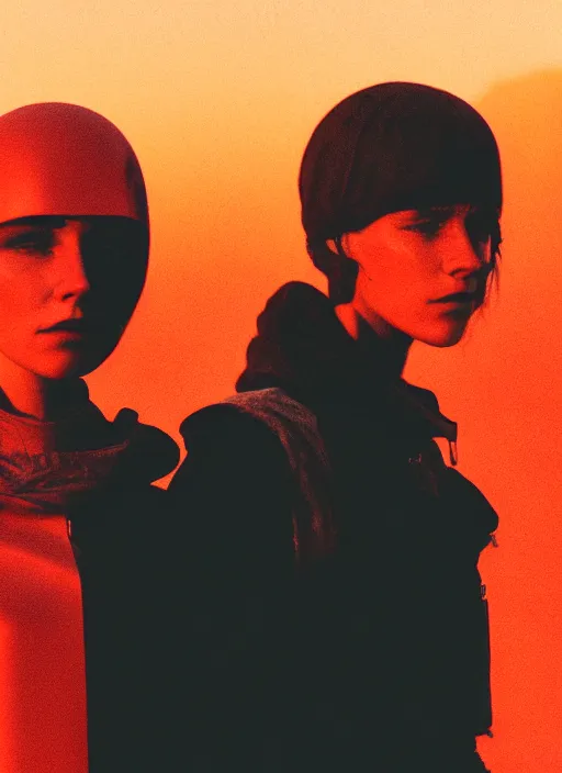 Image similar to cinestill 5 0 d photographic portrait of two loving female androids wearing rugged black techwear on a desolate plain with a brutalist monument and a red sky, extreme closeup, cyberpunk style, dust storm, 8 k, hd, high resolution, 3 5 mm, f / 3 2, ultra realistic faces, ex machina