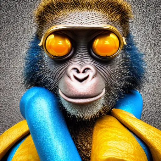 Prompt: Photography of ultra mega super hyper realistic detailed monkey by Hiromasa Ogura . Photo made from 30 meters distance on Leica Q2 Camera, Rendered in VRAY and DaVinci Resolve and MAXWELL and LUMION 3D, Volumetric cyan gold natural light. Wearing cyberpunk suit with many details by Hiromasa Ogura . Photo made from 30 meters distance on Leica Q2 Camera, Rendered in VRAY and DaVinci Resolve and MAXWELL and LUMION 3D, Volumetric cyan gold natural light