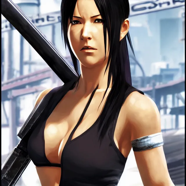 Prompt: Tifa Lockhart from Final Fantasy VII in GTA V, Cover art by Stephen Bliss, boxart, loading screen,