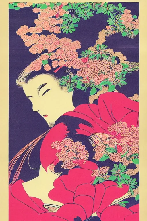 Image similar to Beautiful vintage Japanese poster representing the mind as flowers, 10% surreal, risograph poster, beautiful colors, deep meaning, Intricate image, moving