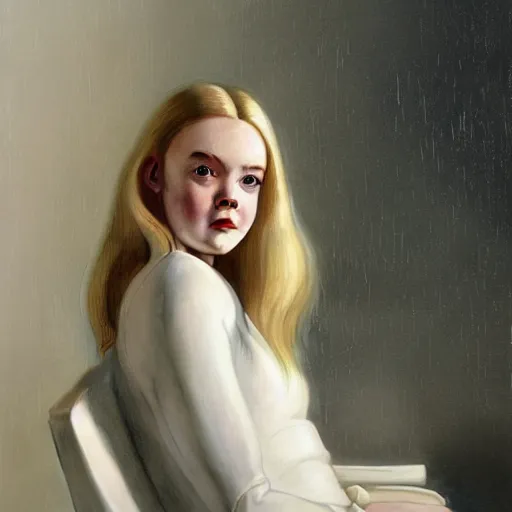 Image similar to Elle Fanning sitting on a white leather chair in the world of Samuel Adoquei, head and shoulders portrait, stormy weather, extremely detailed masterpiece, oil on canvas, low-key neon lighting, artstation, Blade Runner 2049, Roger Deakin’s cinematography, by J. C. Leyendecker and Peter Paul Rubens and Edward Hopper and Michael Sowa,