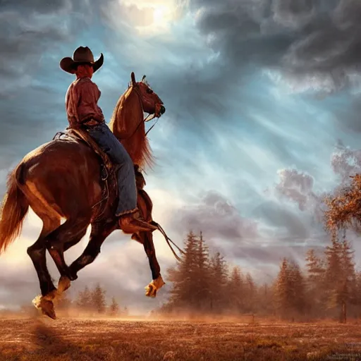 Image similar to a last stand of a cowboy, DeviantArt, art station, illustration, highly detailed, artwork, cinematic, hyper realistic