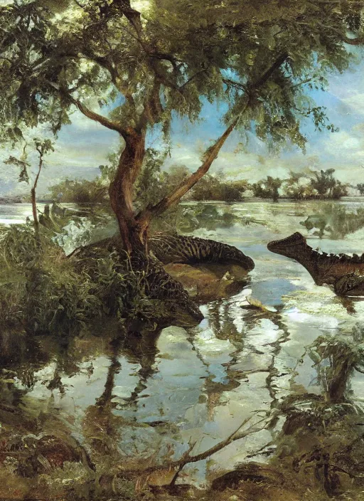 Image similar to artwork painting of florida alligators by eugene von guerard, ivan shishkin, john singer sargent