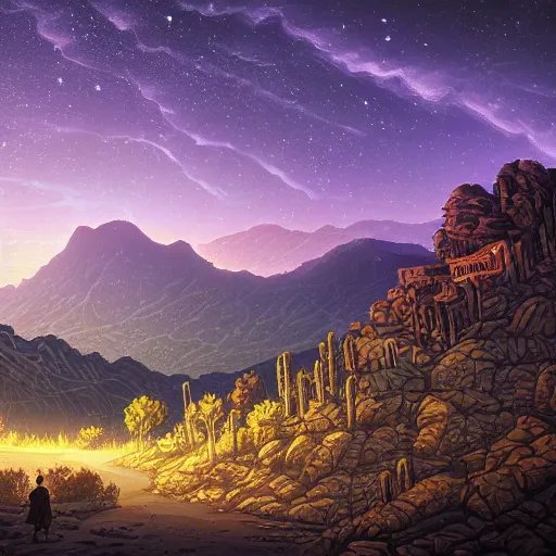 Image similar to mysterious desert at night, watefall and mountains on background, little abandoned village on foreground, by dan mumford and sandra chevrier, 4 k