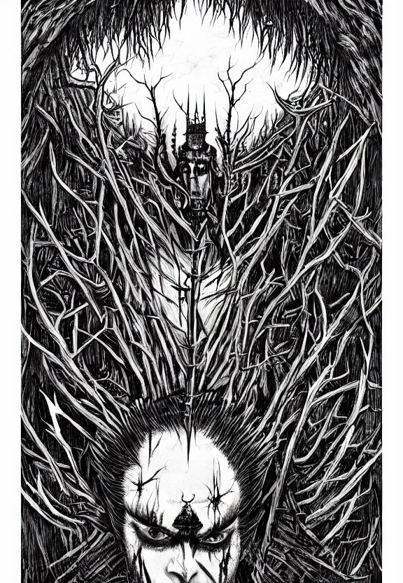 Image similar to man wearing corpse paint and a crown on thorns with long black hair, tears of blood. Wide shot at night. Detailed artwork by Junji Ito and dan Mumford