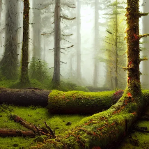 Prompt: Fantasy Oil painting of Hoh National Forest and logs covered in moss, Greg Rutkowski, National Geograpic, Trending on Artstation, Morning Glow, n-8 H- 640 W- 360