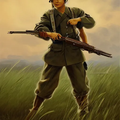 Image similar to a Japanese soldier from WW2 holding a rifle, standing in a field, high detail digital painting by Karl Kopinski and Frank Frazetta, trending on artstation, masterpiece, 4k wallpaper