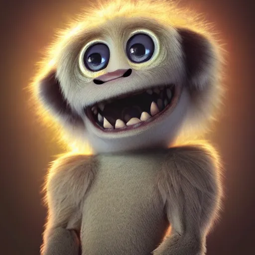 Image similar to a cute little baby monster with long fur, portrait, pixar style, extremely realistic photo, heaven background, cinematic lighting, award winning creature portrait photography