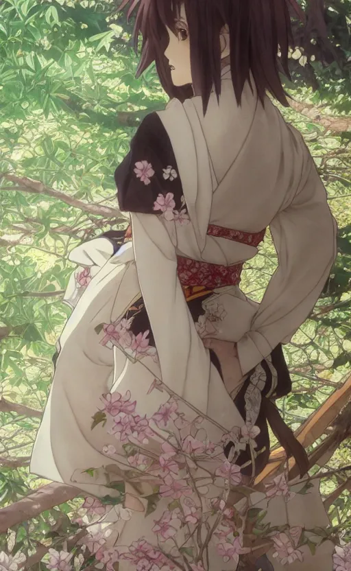 Image similar to anime style, female merchant, yukata clothing, sakura tree in background, brown short hair, hair down, symmetrical facial features, from arknights, hyper realistic, rule of thirds, extreme detail, 4 k drawing, safebooru, realistic lighting, by alphonse mucha, greg rutkowski, sharp focus, backlit