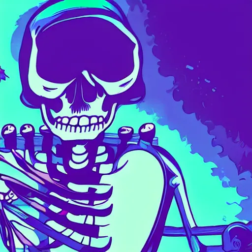 Prompt: a skeleton playing video games, it is visibly angry at the tv, detailed, outrun, synthwave, vaporwave