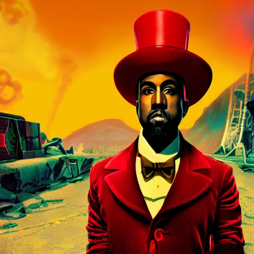 Image similar to Portrait of Kanye West as willy wonka in fallout new vegas, splash art, movie still, cinematic lighting, dramatic, octane render, long lens, shallow depth of field, bokeh, anamorphic lens flare, 8k, hyper detailed, 35mm film grain