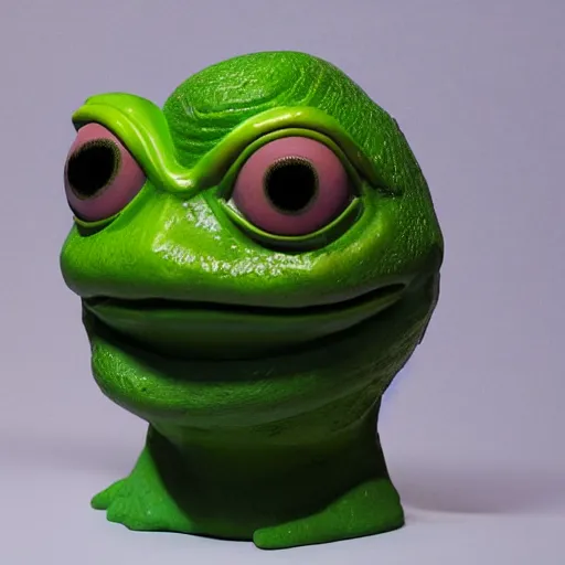 Image similar to clay head of pepe the frog, 3d sculpture, textured, fine detail, lifelike, photo, high resolution