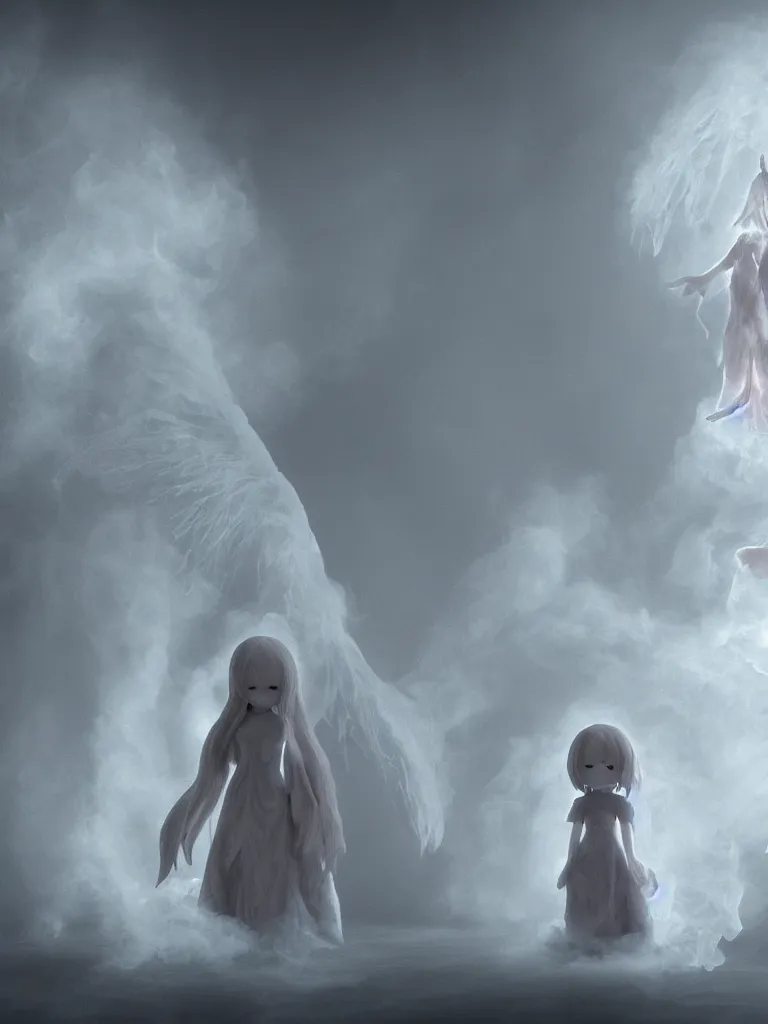 Image similar to cute fumo plush gothic angel maiden girl ghost wraith making an apparition in an abandoned throne room, wisps of smoke and glowing volumetric fog, vignette, orthographic, vray