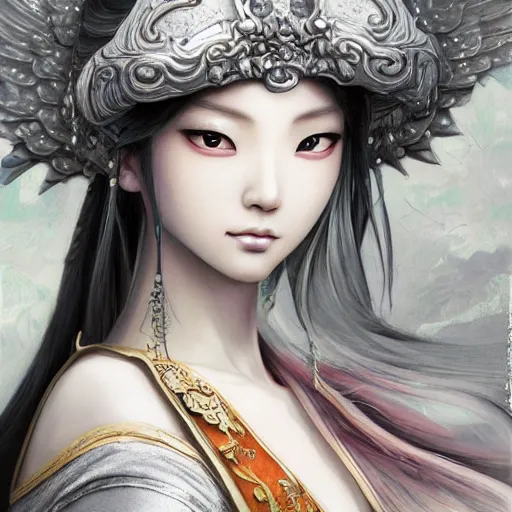 Image similar to dynamic composition, motion, ultra-detailed, incredibly detailed, a lot of details, amazing fine details and brush strokes, colorful and grayish palette, smooth, HD semirealistic anime CG concept art digital painting, watercolor oil painting of epic angel girl, from Three Kingdoms, by a Chinese artist at ArtStation, by Huang Guangjian, Fenghua Zhong, Ruan Jia, Xin Jin and Wei Chang. Realistic artwork of a Chinese videogame, gradients, gentle an harmonic grayish colors.