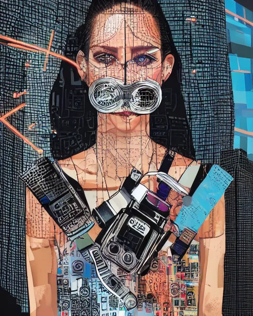 Image similar to cypherpunk fashion illustration, camera face, city street background with high tall buildings, abstract portrait highly detailed, finely detailed