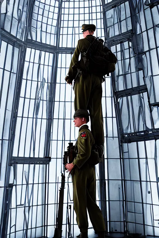 Image similar to kodak portra 5 0 mm f 4 full body portrait photography of a wwii airborne infantry soldier who's a mix of gillian anderson and adam driver, looking exhausted, setting is inside a sci fi megastructure tower looking out a window, photo by erwin olaf