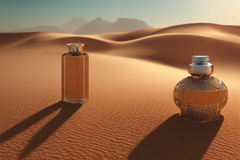 Prompt: perfume bottle buried in oasis in the middle of a desert, dramatic, mid day, sand dune background, large scale, hyperrealistic, lots of detail, realistic lighting, octane render, by wlop, artgerm, trending on artstation