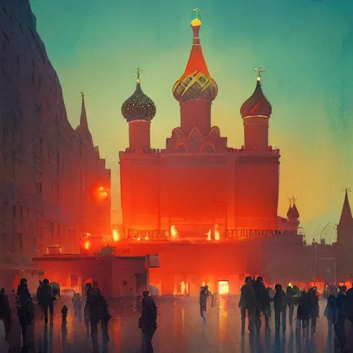 Prompt: a painting of a burning Red Square in Moscow, a watercolor and matte painting by Beeple and RHADS and maxfield parrish, cgsociety, brutalism, dystopian art, sci-fi, artstation hq