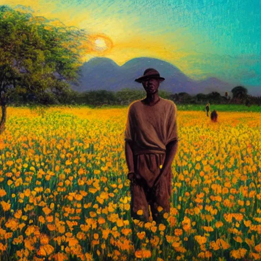 Image similar to an east african man in a vast field of flowers, looking off into the sunset, relaxing, wide shot, golden hour, vintage, impressionist painting, fine art, oil painting, dreamy, pastel, laughing, happy, intricate details, sharp, peaceful, serene