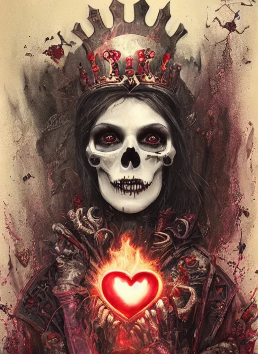 Image similar to Queen of Hearts having tea, Death Tarot card,highly detailed,half skull face,cinematic,8k,by Stanley Artgermm,Tom Bagshaw,Greg Rutkowski,Carne Griffiths, Ayami Kojima, Beksinski, Giger,trending on DeviantArt,hyper detailed,horror, full of colour