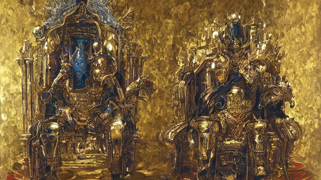 Prompt: a king in a suit of ornate brass armor sitting on a throne with a window behind the throne looking out into space, by yoshitaka amano, oil paint