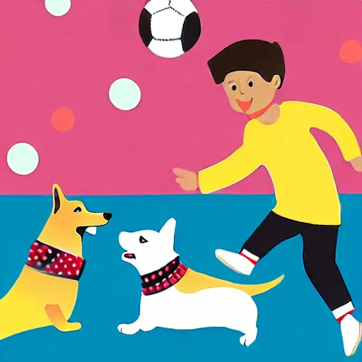 Image similar to illustration of boy playing football with a corgi wearing a polkadot scarf on the streets of paris