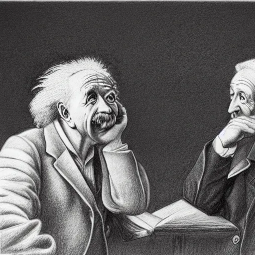 Image similar to Einstein and Newton speaks each other on a topic, pencil drawing, ultra detailed