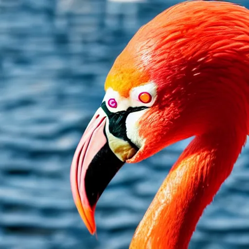 Prompt: A flamingo with big muscular arms eating an apple, photography, realistic