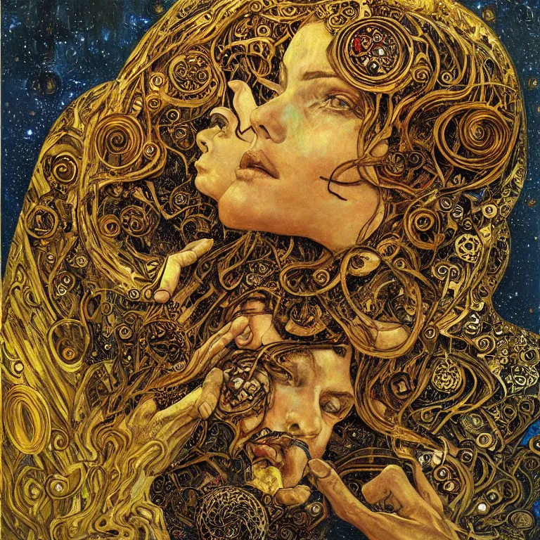 Image similar to Divine Chaos Engine portrait by Karol Bak, Jean Deville, Gustav Klimt, and Vincent Van Gogh, sacred geometry, visionary, mystic, fractal structures, ornate gilded medieval icon, spirals, horizontal symmetry