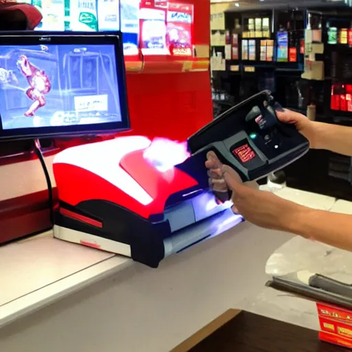 Image similar to Iron Man working as a 7/11 cashier using a red laser scanner, cash register, red laser scanner, wide wide shot, very detailed, beautiful lighting, red laser, fire, smoke