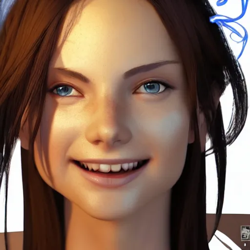 Image similar to a brown haired blue eyes beautiful girl smiling in character design. gesture drawing. line of action. official art, unreal engine 5, unreal engine. medium shot. ray tracing hdr. 8 k. uhd. sharp focus. highly detailed. masterpiece. golden ratio. anime render. cinematic lighting. lifelike. symmetrical face. beautiful face