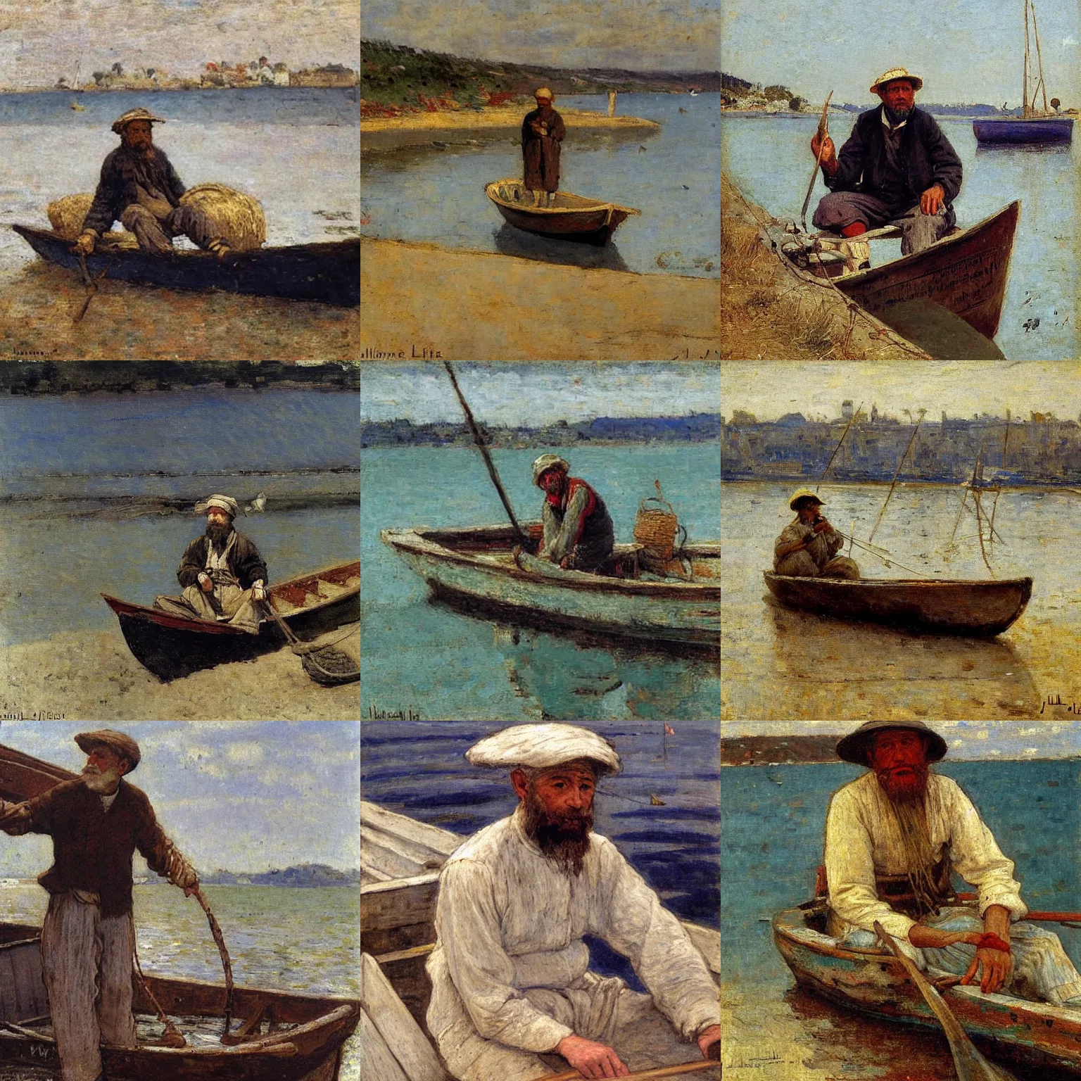 Prompt: painting of old fisherman on a small boat by jules bastien lepage