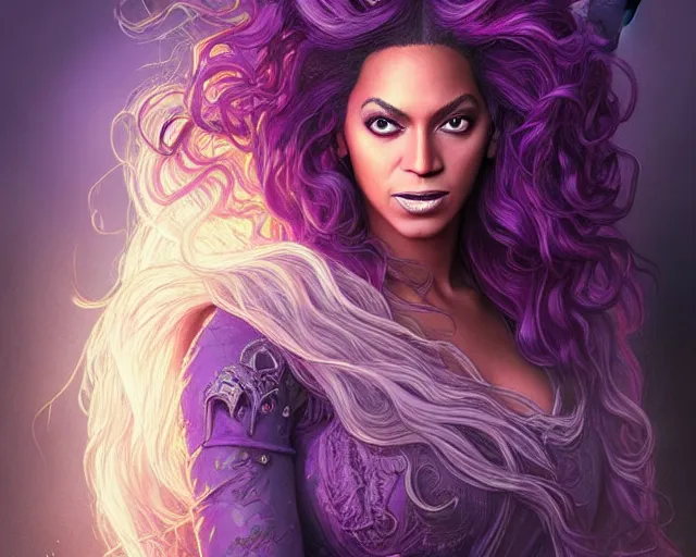 Image similar to beyonce as a wizard, purple streaks in hair, bat hovering on her shoulder, deep focus, d & d, fantasy, intricate, elegant, highly detailed, digital painting, artstation, concept art, matte, sharp, illustration, hearthstone, art by artgerm and greg rutkowski and alphonse mucha