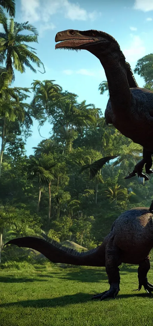 Prompt: therizinosaurus in jurassic world dominion, long claws, jurassic world, movie scene, cinematic, ultra realistic, beautiful terrain, full body shot, unreal engine 5