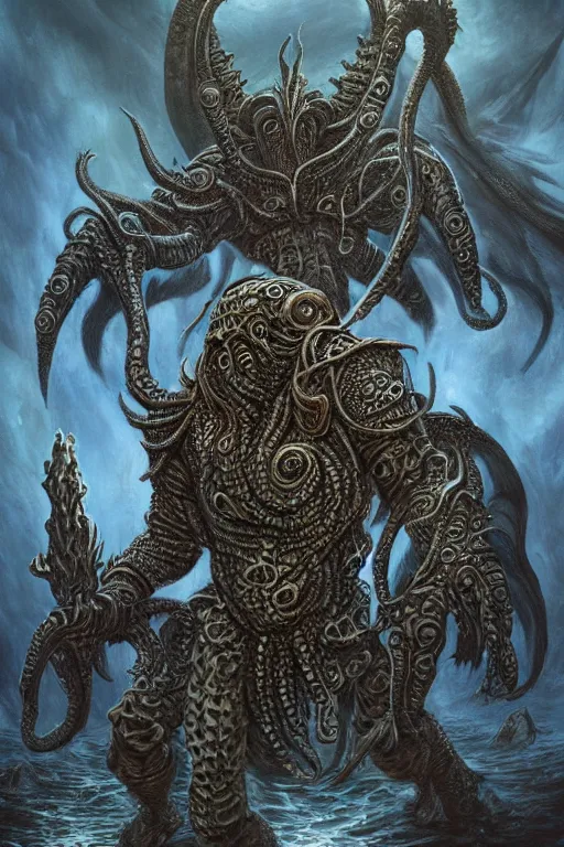 Prompt: full body concept art of Cthulhu wearing viking armor made with porcelain by Jeff Easley and Peter Elson + beautiful eyes, beautiful face + symmetry face + galaxy + gothic, surreal, dread + highly detailed, intricate complexity, epic composition, magical atmosphere + masterpiece, award winning + trending on artstation