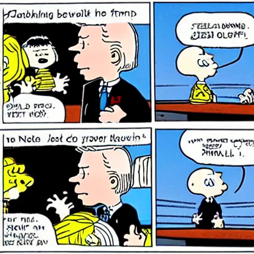 Image similar to a cartoon of joe biden pulling away the nuclear football before trump can kick it, cartoon in the style of peanuts by charles schulz