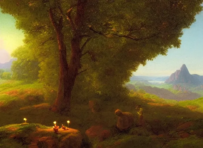 Image similar to american realist romanticism landscape painting of winnie the pooh characters at night, night time, colorful paper lanterns, in the style of hudson river school and thomas cole and albert bierstadt and robert duncanson