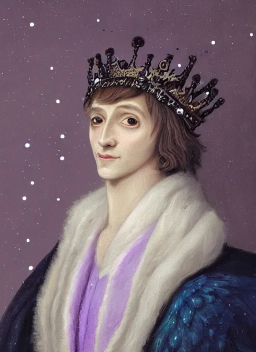 Image similar to close-up portrait of anthropomorphic owl Prince, man with a head of barn owl, glowing eyes, in a crown, soft glowing, wearing long royal robe, lilac, silver, black, bokeh, blurred space, stars, dreamy, romantic, painting in the museum, highly detailed, sharp focus, digital painting, artwork, by John James Audubon by Victor Adame Minguez by Yuumei by Tom Lovell by Sandro Botticelli