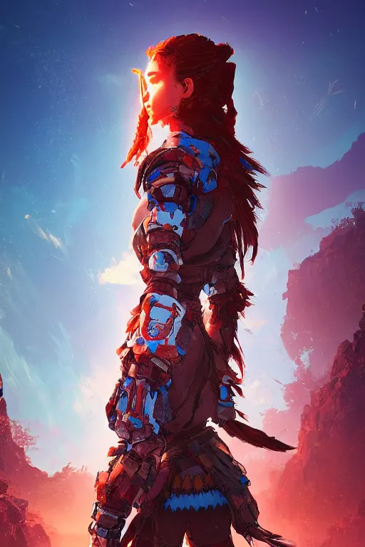 Image similar to combination suit armor aloy horizon forbidden west horizon zero dawn radiating a glowing aura global illumination ray tracing hdr fanart arstation by ian pesty and alena aenami artworks in 4 k tribal robot ninja mask helmet backpack