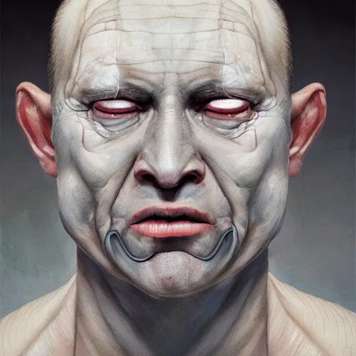 Image similar to closeup portrait of a man with bulging unblinking eyes, shrivelled neck with strange lines, wide mouth with thick lips, flat nose, tiny ears, squamous grayish skin, constant alopecia, creepy, dramatic light, painted by stanley lau, painted by greg rutkowski, painted by stanley artgerm, digital art, trending on artstation