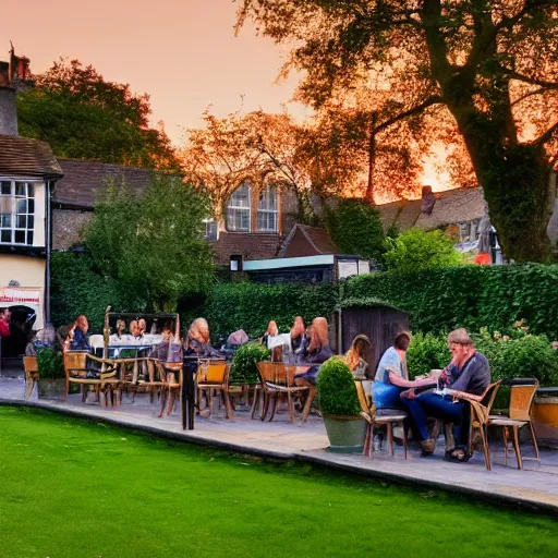 Image similar to an english pub garden at golden hour, people are drinking pints of lager and smoking cigarettes