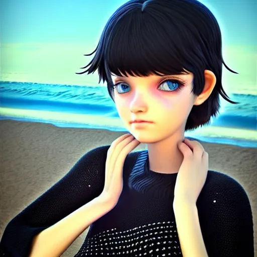 Image similar to beautifully pretty surfer girl, 2 2 years old, black sweater, grey checkered skirt, very cute features, glittery short black hair, blue eyes, universal volumetric lighting, soft glow, by range murata, highly detailed intricately sharp focus, trending on pinterest, unreal engine 5 4 k uhd image