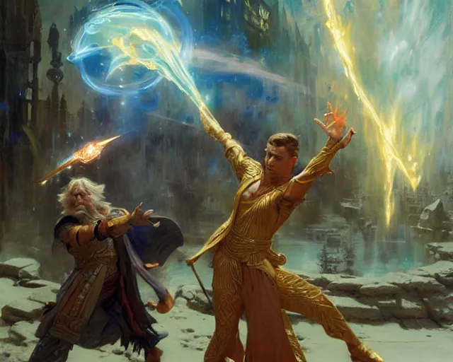 Image similar to attractive master wizard casting powerful spell in battle against another master wizard. highly detailed painting by gaston bussiere, craig mullins, j. c. leyendecker 8 k