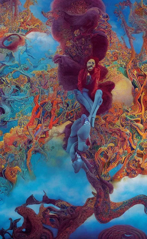 Image similar to ultrawide angle colour masterpiece surreal closeup portrait photography of jimi hendrix playing on stage by miho hirano and annie leibovitz and michael cheval, weird surreal epic psychedelic complex biomorphic 3 d fractal landscape in background by kilian eng and roger dean and salvador dali and beksinski, 8 k