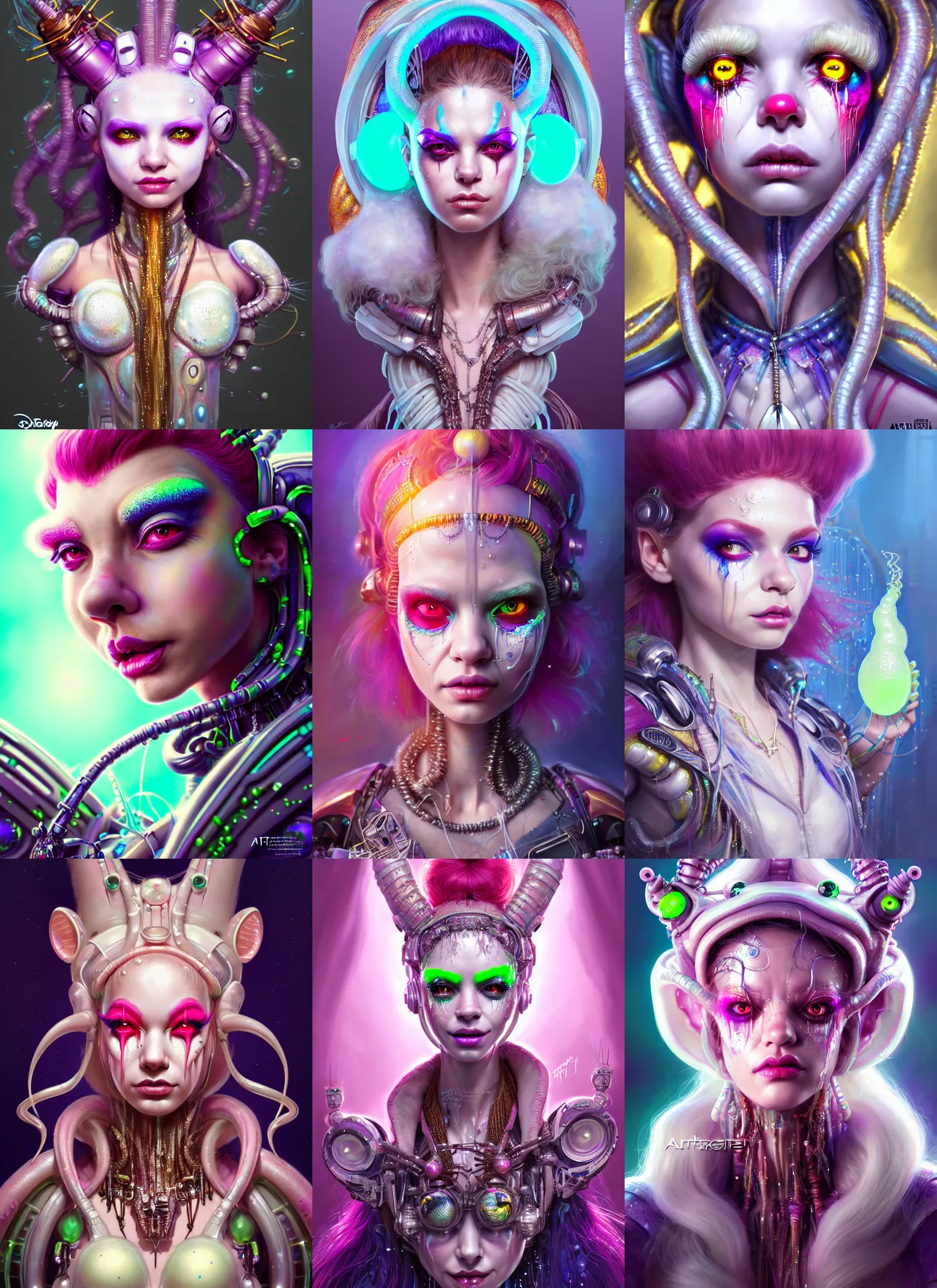 Prompt: disney weta portrait, soft lustrous biotech raver white clowncore slime cyborg, bling, hi - fructose, sci - fi fantasy cyberpunk intricate decadent highly - detailed digital painting, ever after high, octane render, artstation, concept art, smooth, sharp focus, illustration, art by artgerm, mucha, loish, wlop