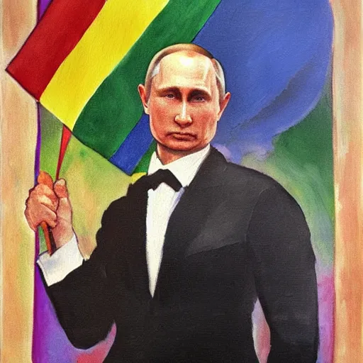 Prompt: painting of Vladimir Putin holding gay pride flag, John Singer Sargent style