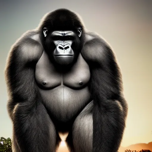 Image similar to big gorilla man terroizing church, 8k cinematic lighting, very sharp detail, anatomically correct