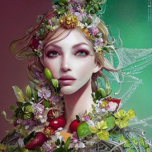 Prompt: the portrait of an absurdly beautiful, graceful, elegant, sophisticated, chaste woman made of strawberries and green petals looking up, an ultrafine hyperdetailed illustration by kim jung gi, irakli nadar, intricate linework, bright colors, octopath traveler, final fantasy, unreal engine 5 highly rendered, global illumination, radiant light, detailed and intricate environment